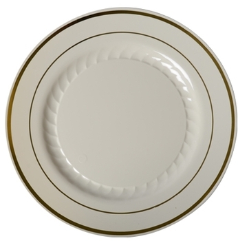 Heavyweight Plastic Plates. 9 in. Bone with Gold Trim. 120 count.