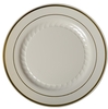 A Picture of product 964-521 Heavyweight Plastic Plates. 9 in. Bone with Gold Trim. 120 count.