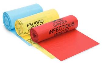 Hospi-Tuff Low Density Can Liners, "Biohazard." 40 X 47 in. 40-45 gal. 1.25 mil. Red. 15 bags/roll, 10 rolls/case.