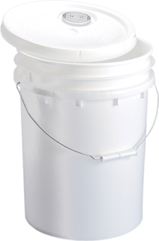 Pail with Lid and Metal Handle.  5 Gallon Capacity.  Lid features Flexspout and gasket cover.  White Color.  High Density Polyethylene.