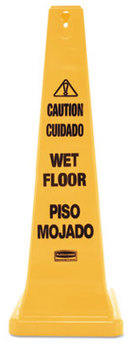 Rubbermaid® Commercial Multilingual Safety Cone, Wet Floor Yellow Safety Cone, 12 1/4 x 12 1/4 x 36h  5/Master Case
