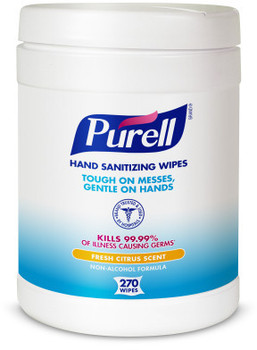 PURELL® Hand Sanitizing Wipes in Eco-Fit Canister. Fresh Citrus scent. 270 Wipes/Canister, 6 Canisters/Case.