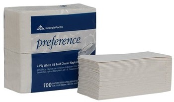 Preference® 2-Ply 1/8 Fold Paper Dinner Napkins.  16" x 15".  White Color.  100 Napkins/Package.