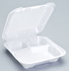 A Picture of product GNP-SN103 Genpak® Snap It™ 3-Compartment Hinged-Lid Foam Food Containers. 8-7/16 X 7-5/8 X 2-3/8 in. White. 100/bag, 2 bags/case.