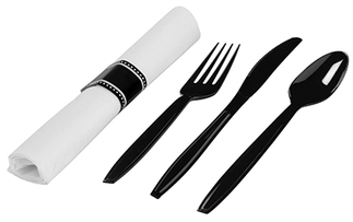Napkin Rolls with Fork, Knife, and Spoon. White and black. 100 count.