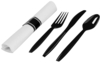 A Picture of product 192-400 Napkin Rolls with Fork, Knife, and Spoon. White and black. 100 count.