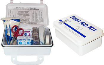 10 Person Plastic First Aid Kit with Wall Mountable Handle.