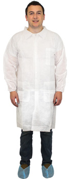 Disposable Polypropylene Lab Coat with 3 Pockets and Elastic Wrists. Size X-Large. White. 30 count.