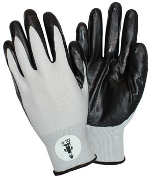 Nitrile Coated Knit Gloves. Size Large. Black/Gray. 12 pair.