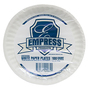 A Picture of product 150-200 Paper Plate. White. 6" Diameter. Uncoated. Fluted rim. 10 packs of 100, 1000 total/cs.